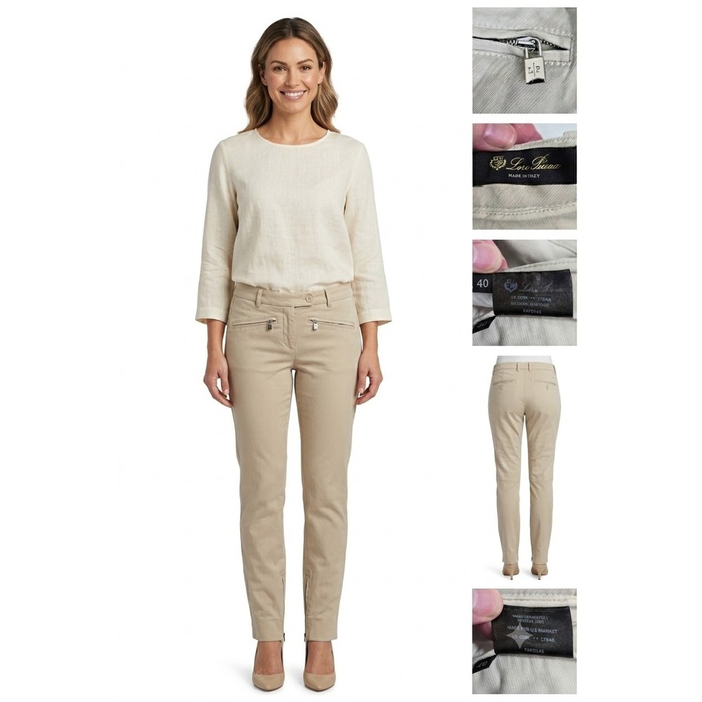 Loro Piana Pants Womens 40 Beige Cotton Stretch Made in Italy Luxury Zipper Hem
